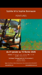 Pour tout ceux qui voulez voir les peintures sur la forêt et le livre « Forêt sibylline », des encres « la part animale », les compositions TETRIS ETE, il y aura un peu de toutes ces thématiques lors de cette exposition dans l’appartement d’une amie.
Je serai présente au WE vernissage les 31 janvier/1er février et le dimanche 15 février au finissage.
Mais vous avez beaucoup d’autres créneaux pour visiter l’exposition, et vous serez accueilli par Marie-Héléne ou Sophie Bonnaure (l’autre artiste exposante).

Du 31 janvier au 15 février 2026
Horaires : 17h-20h lundi – jeudi – vendredi + WE :  15h-20h
+ sur RV : T-06 64 70 46 18
Lieu : Chez Marie-Héléne Dessommes, 39 rue Hoche 92240 MALAKOFF

Vernissage / Finissage à partir de 17h ( en musique ! Bertrand Mathiaud au piano) :

samedi 31 janvier
dimanche 15 février

#makakoff #artcontemporain #exposition #sybillem